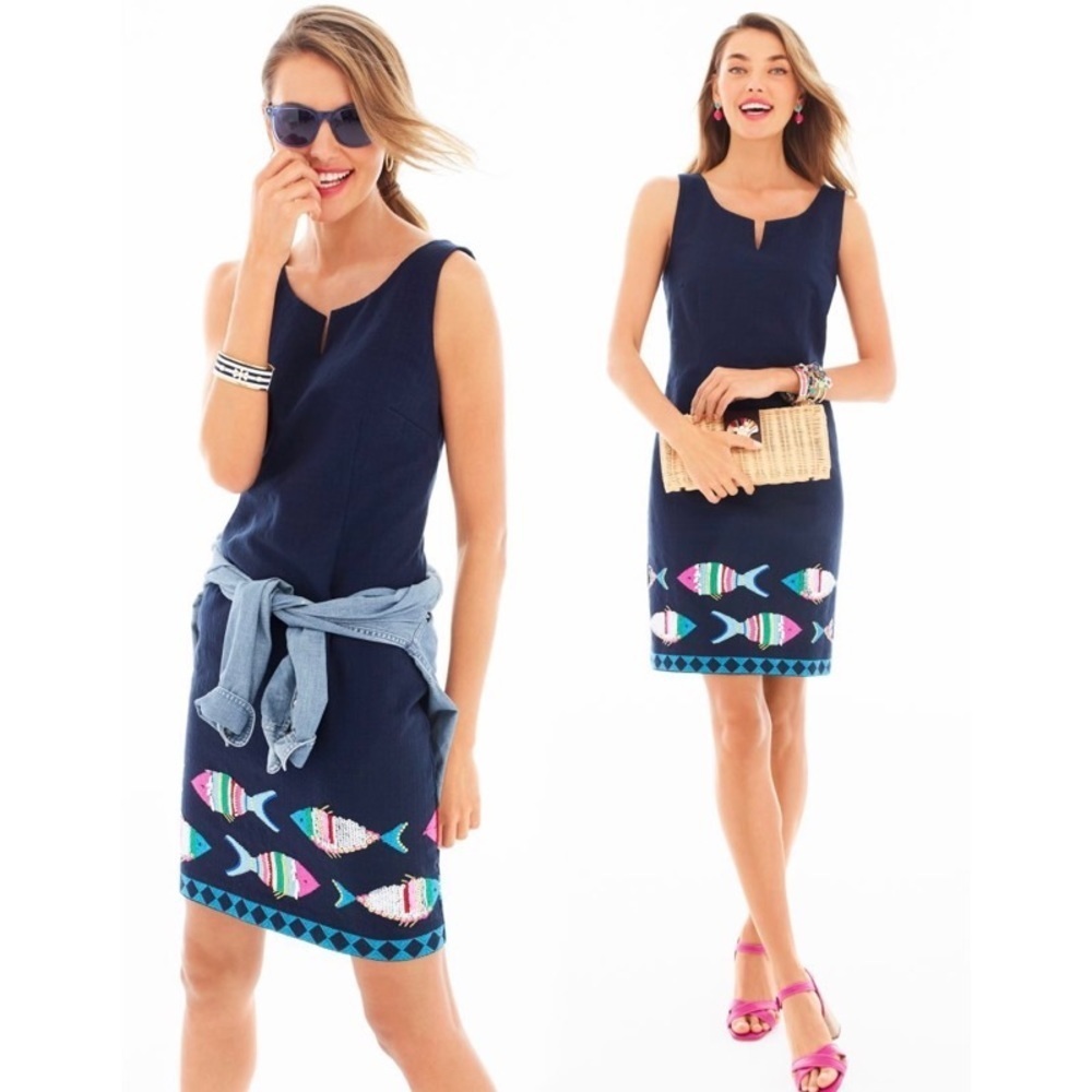 Talbots Mermaidcore Sequin Embroidered Fish Navy Nautical Shift Dress Size 2